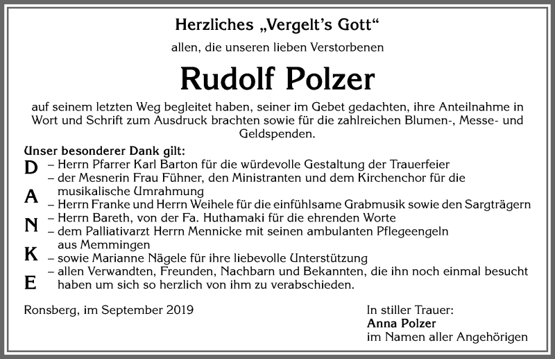  Traueranzeige für Rudolf Polzer vom 28.09.2019 aus Allgäuer Zeitung, Marktoberdorf