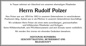 Traueranzeige von Rudolf Polzer von Allgäuer Zeitung, Marktoberdorf