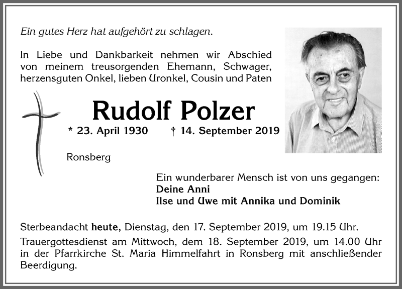  Traueranzeige für Rudolf Polzer vom 17.09.2019 aus Allgäuer Zeitung, Marktoberdorf
