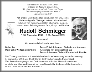 Traueranzeige von Rudolf Schmieger von Allgäuer Anzeigeblatt