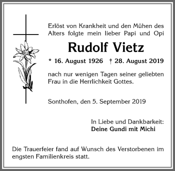 Traueranzeige von Rudolf Vietz von Allgäuer Anzeigeblatt