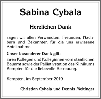 Traueranzeige von Sabina Cybala von Allgäuer Zeitung,Kempten