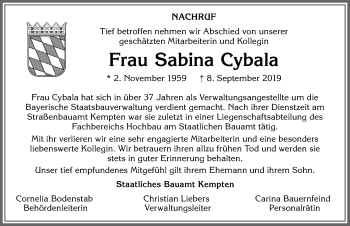 Traueranzeige von Sabina Cybala von Allgäuer Zeitung, Gesamtausgabe