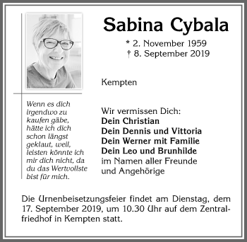 Traueranzeige von Sabina Cybala von Allgäuer Zeitung,Kempten