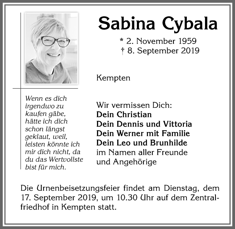  Traueranzeige für Sabina Cybala vom 12.09.2019 aus Allgäuer Zeitung,Kempten