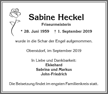 Traueranzeige von Sabine Heckel von Allgäuer Anzeigeblatt