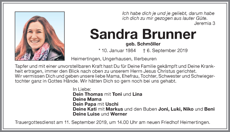  Traueranzeige für Sandra Brunner vom 10.09.2019 aus Memminger Zeitung