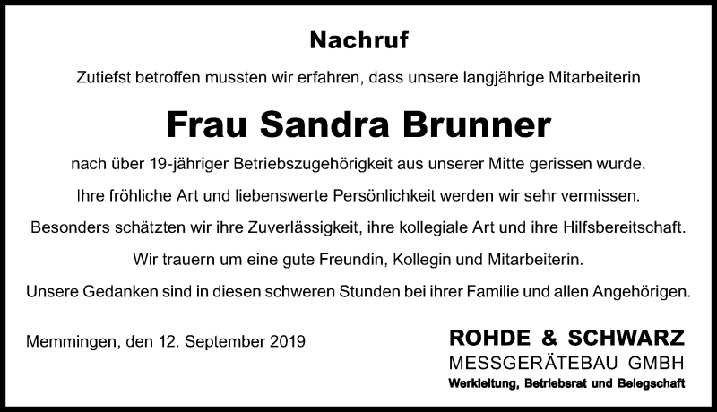  Traueranzeige für Sandra Brunner vom 12.09.2019 aus Memminger Zeitung