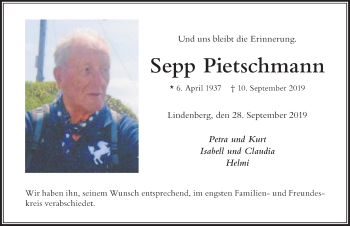 Traueranzeige von Sepp Pietschmann von Der Westallgäuer
