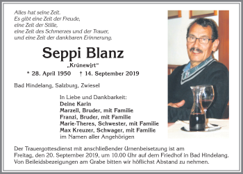 Traueranzeige von Seppi Blanz von Allgäuer Anzeigeblatt