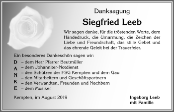 Traueranzeige von Siegfried Leeb von Allgäuer Zeitung,Kempten