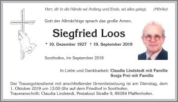 Traueranzeige von Siegfried Loos von Allgäuer Anzeigeblatt