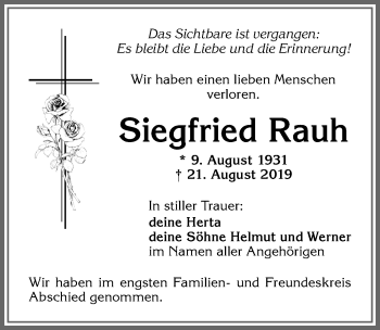 Traueranzeige von Siegfried Rauh von Allgäuer Zeitung,Kempten
