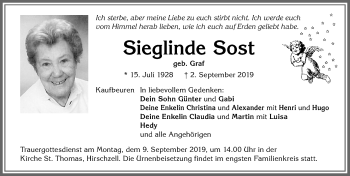 Traueranzeige von Sieglinde Sost von Allgäuer Zeitung, Kaufbeuren/Buchloe