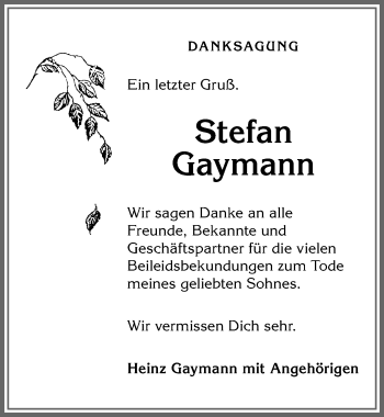 Traueranzeige von Stefan Gaymann von Allgäuer Anzeigeblatt