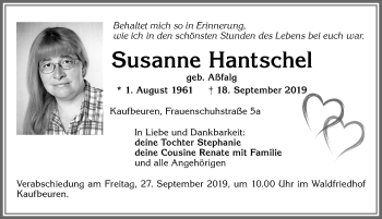 Traueranzeige von Susanne Hantschel von Allgäuer Zeitung, Kaufbeuren/Buchloe