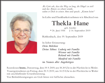 Traueranzeige von Thekla Hane von Der Westallgäuer