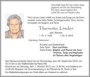 Traueranzeige von Theresia Linder von Allgäuer Zeitung, Füssen