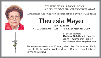 Traueranzeige von Theresia Mayer von Allgäuer Zeitung, Kaufbeuren/Buchloe