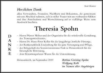 Traueranzeige von Theresia Spohn von Der Westallgäuer