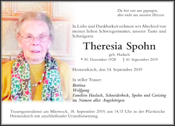 Traueranzeige von Theresia Spohn von Der Westallgäuer