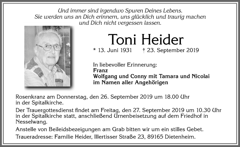  Traueranzeige für Toni Heider vom 25.09.2019 aus Allgäuer Zeitung, Füssen