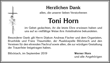 Traueranzeige von Toni Horn von Allgäuer Zeitung, Kaufbeuren/Buchloe