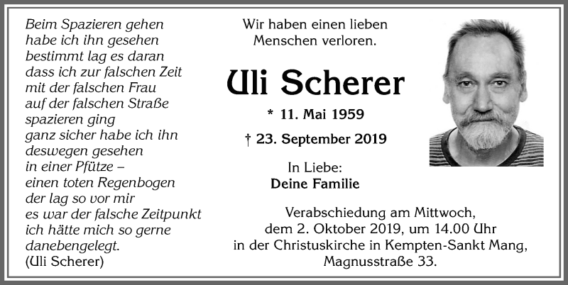  Traueranzeige für Uli Scherer vom 28.09.2019 aus Allgäuer Zeitung,Kempten