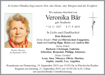 Traueranzeige von Veronika Bär von Allgäuer Zeitung, Füssen