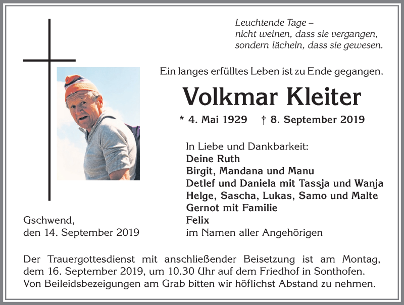  Traueranzeige für Volkmar Kleiter vom 14.09.2019 aus Allgäuer Zeitung,Kempten