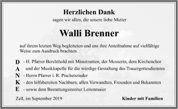 Traueranzeige von Walli Brenner von Allgäuer Zeitung, Füssen
