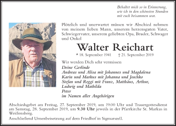 Traueranzeige von Walter Reichart von Der Westallgäuer