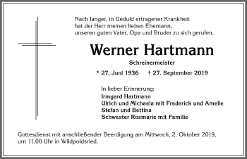 Traueranzeige von Werner Hartmann von Allgäuer Zeitung,Kempten