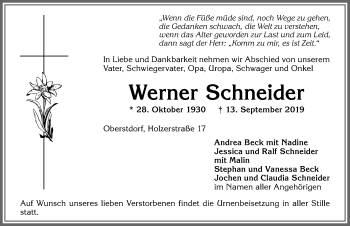 Traueranzeige von Werner Schneider von Allgäuer Anzeigeblatt