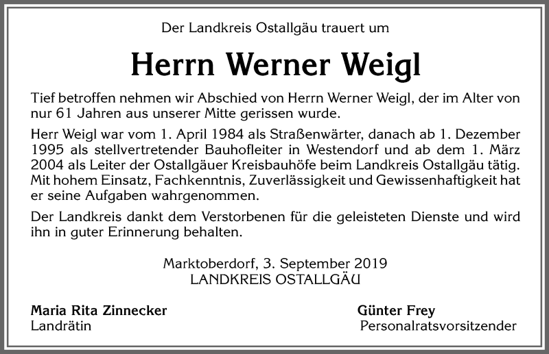  Traueranzeige für Werner Weigl vom 03.09.2019 aus Allgäuer Zeitung