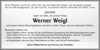Traueranzeige von Werner Weigl von Allgäuer Zeitung, Kaufbeuren/Buchloe