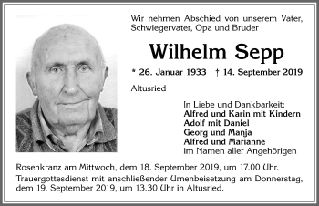 Traueranzeige von Wilhelm Sepp von Allgäuer Zeitung,Kempten