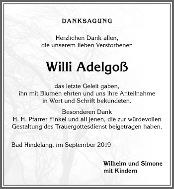 Traueranzeige von Willi Adelgoß von Allgäuer Anzeigeblatt