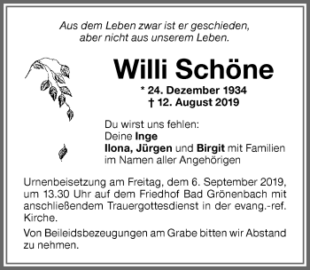 Traueranzeige von Willi Schöne von Memminger Zeitung