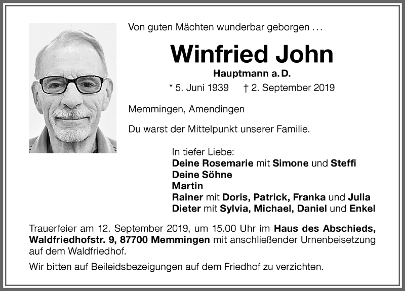  Traueranzeige für Winfried John vom 09.09.2019 aus Memminger Zeitung