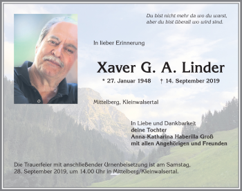 Traueranzeige von Xaver G. A. Linder von Allgäuer Anzeigeblatt
