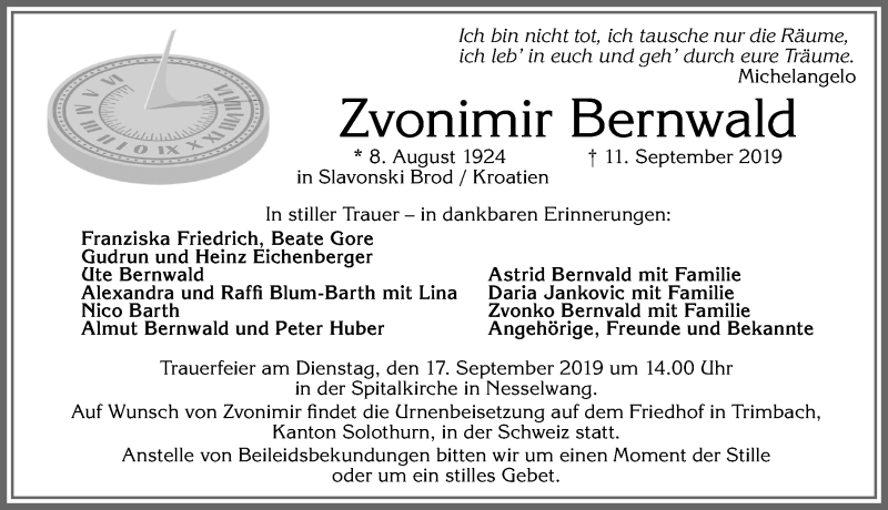  Traueranzeige für Zvonimir Bernwald vom 14.09.2019 aus Allgäuer Zeitung, Füssen