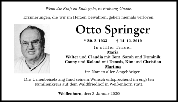 Traueranzeige von Otto Springer von ALLGÄUER ZEITUNG,KEMPTEN