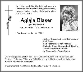 Traueranzeige von Aglaja Blaser von Allgäuer Anzeigeblatt