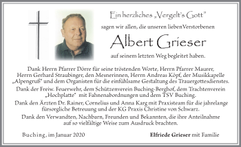 Traueranzeige von Albert Grieser von Allgäuer Zeitung, Füssen