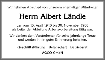 Traueranzeige von Albert Ländle von Allgäuer Zeitung, Marktoberdorf