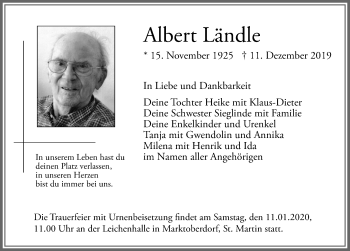 Traueranzeige von Albert Ländle von Allgäuer Zeitung, Marktoberdorf