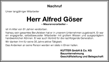 Traueranzeige von Alfred Göser von Memminger Zeitung