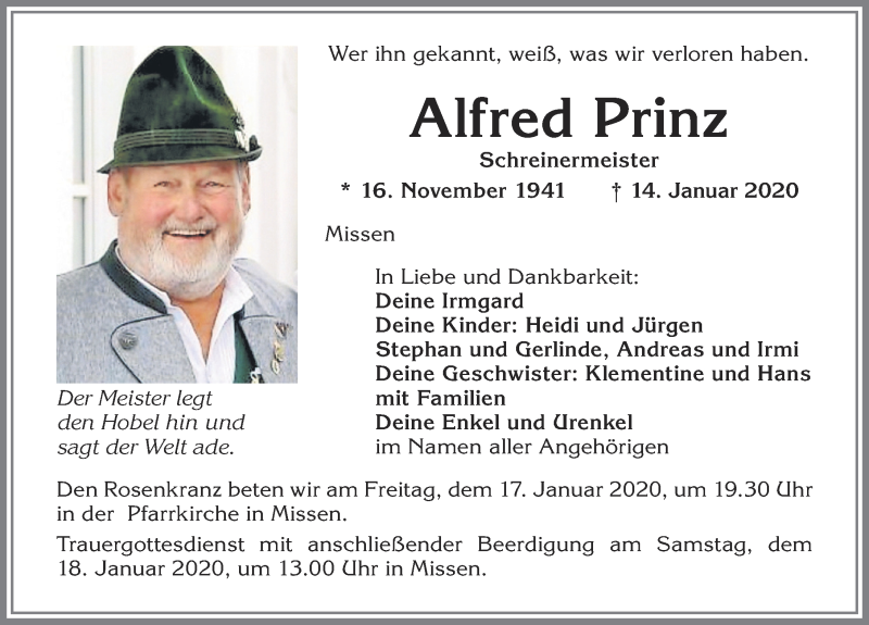  Traueranzeige für Alfred Prinz vom 16.01.2020 aus Allgäuer Anzeigeblatt