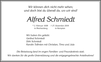 Traueranzeige von Alfred Schmiedt von Allgäuer Zeitung,Kempten